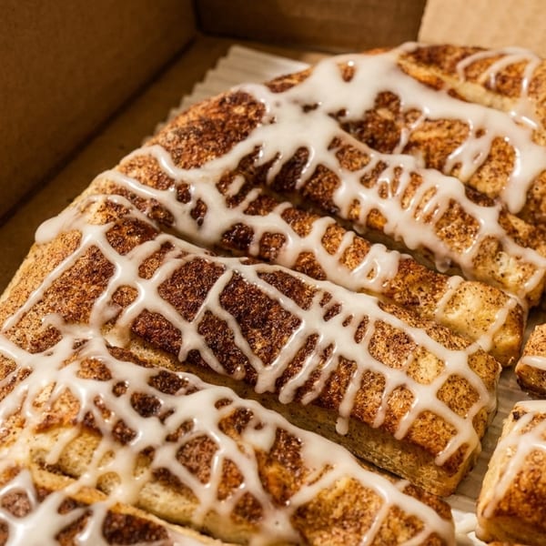 Close-up of cinnamon bread twists with white icing drizzle in a cardboard box.