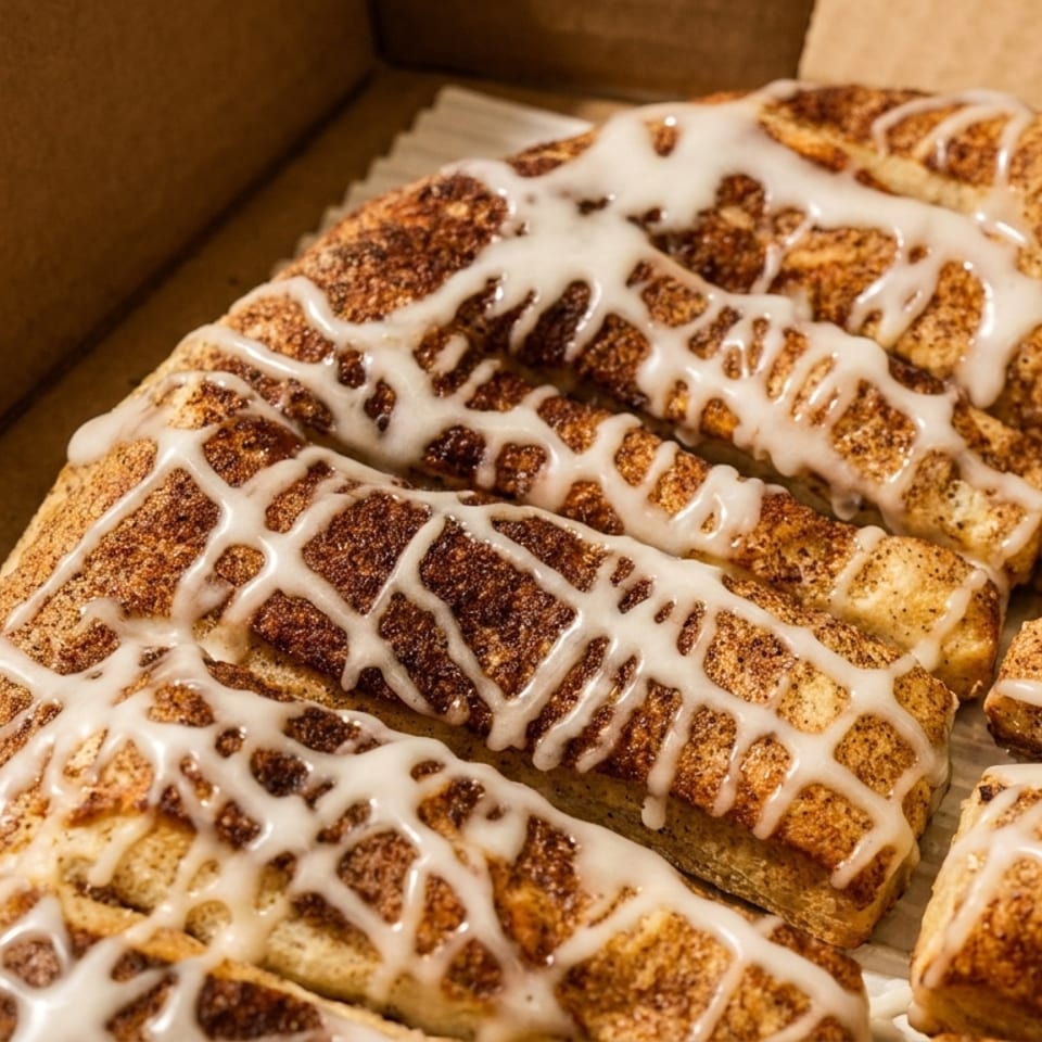 Close-up of cinnamon bread twists with white icing drizzle in a cardboard box.