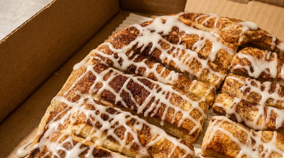 Close-up of cinnamon bread twists with white icing drizzle in a cardboard box.