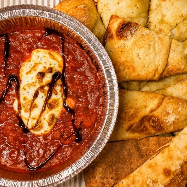Baked ziti with melted cheese and balsamic glaze, next to garlic breadsticks in a takeout box.