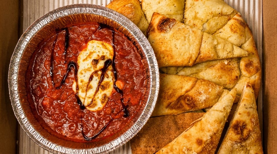 Baked ziti with melted cheese and balsamic glaze, next to garlic breadsticks in a takeout box.