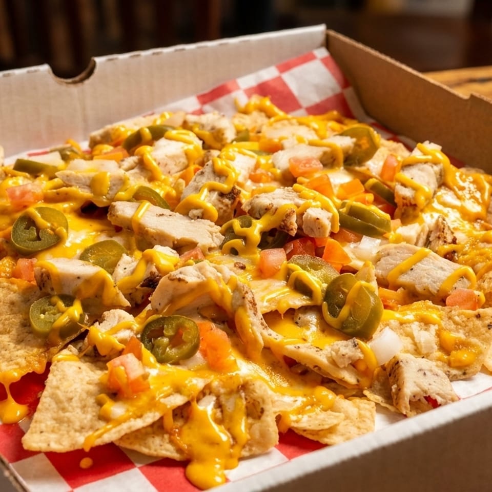 Chicken nachos with melted cheese, jalapeños, and diced tomatoes in a pizza box.