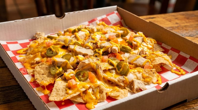 Chicken nachos with melted cheese, jalapeños, and diced tomatoes in a pizza box.