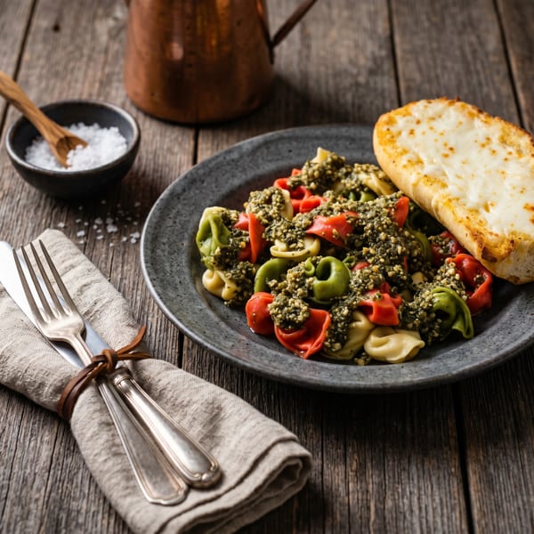Colorful tortellini pasta with pesto sauce and a side of cheesy garlic bread on a rustic wooden table.