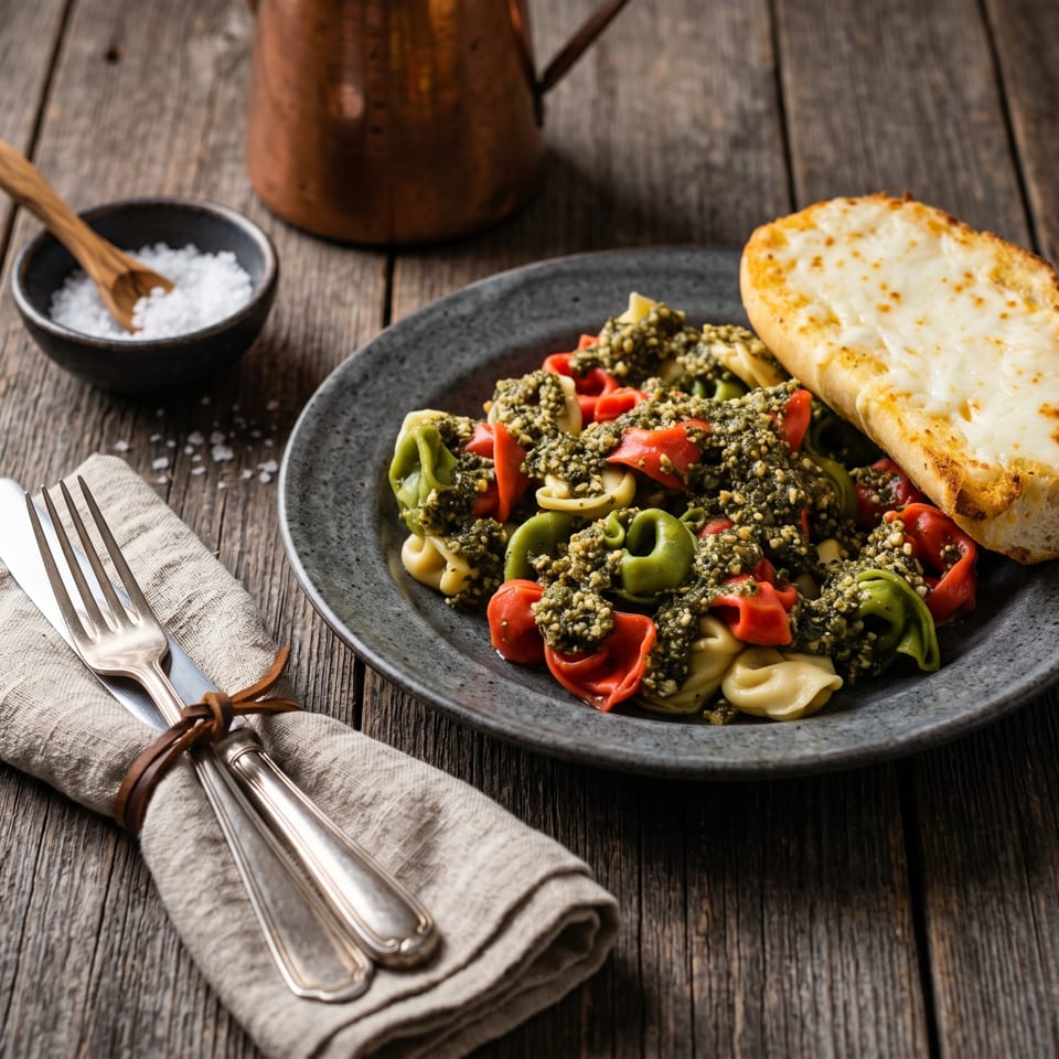 Colorful tortellini pasta with pesto sauce and a side of cheesy garlic bread on a rustic wooden table.