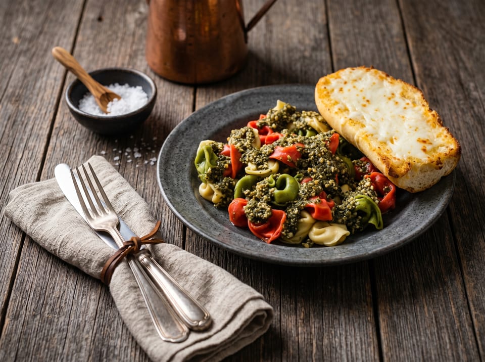 Colorful tortellini pasta with pesto sauce and a side of cheesy garlic bread on a rustic wooden table.