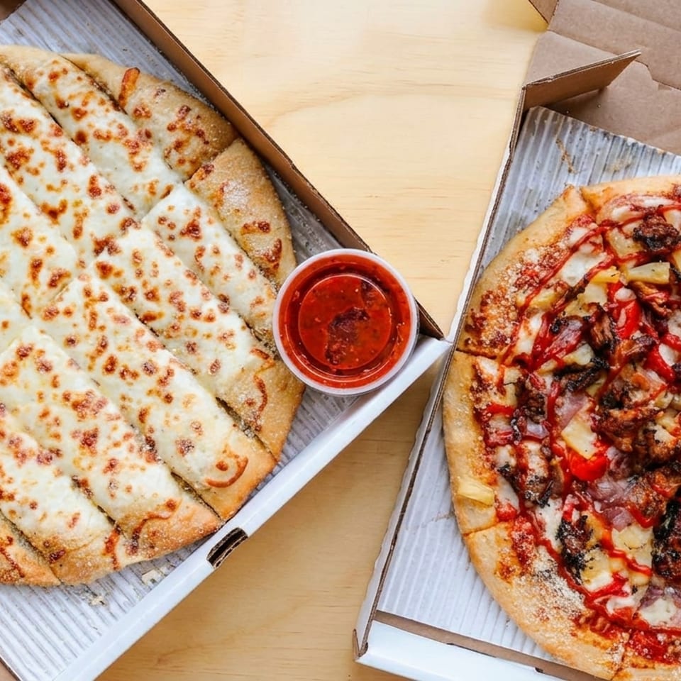 Cheesy breadsticks with marinara sauce and a BBQ chicken pizza with pineapple in takeout boxes.